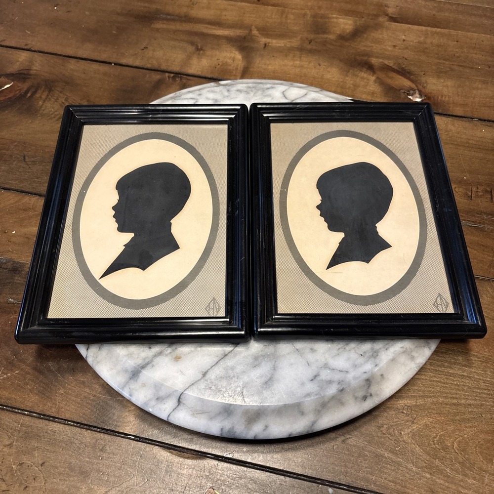 2pc VTG Hand Cut Paper Silhouette Makers Mark Two Boys 5.9"x7.9" Plastic Frame